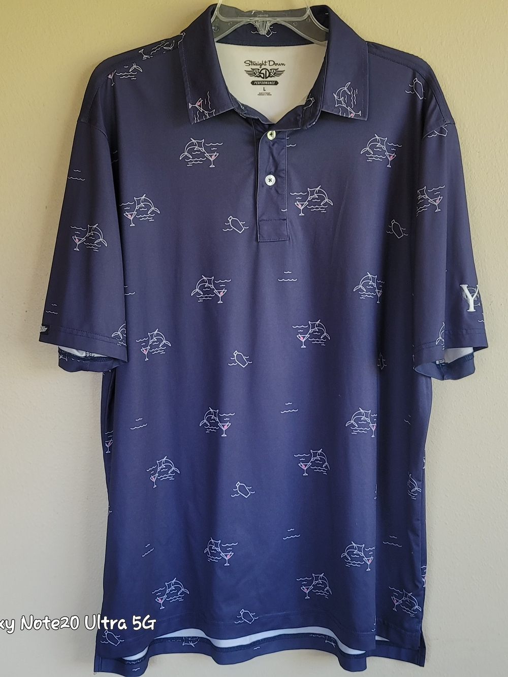 Straight Down Marlin & Martini Performance Golf Polo Shirt Men's Size L Navy Blu